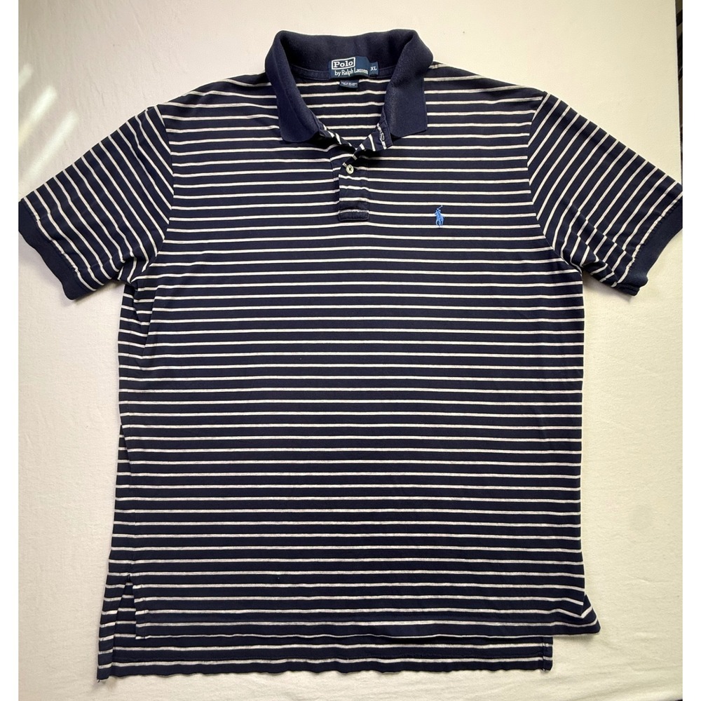 Polo Ralph Lauren Mens XL Navy White Striped Short Sleeve Cotton Polo Shirt-2617